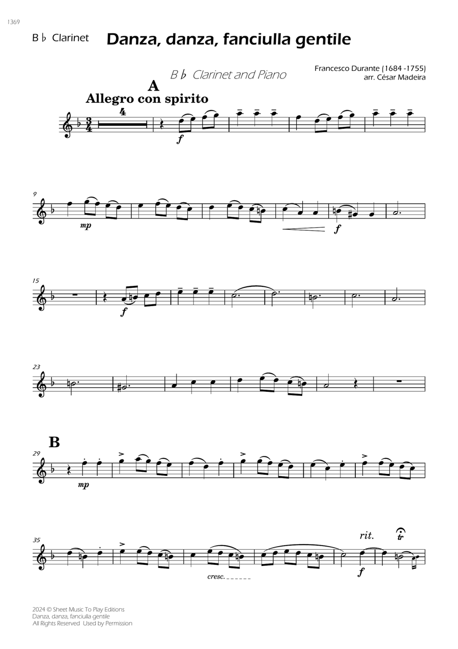 Danza, danza, fanciulla gentile - Bb Clarinet and Piano (Individual Parts) B-Flat Clarinet scores gallery preview page 1