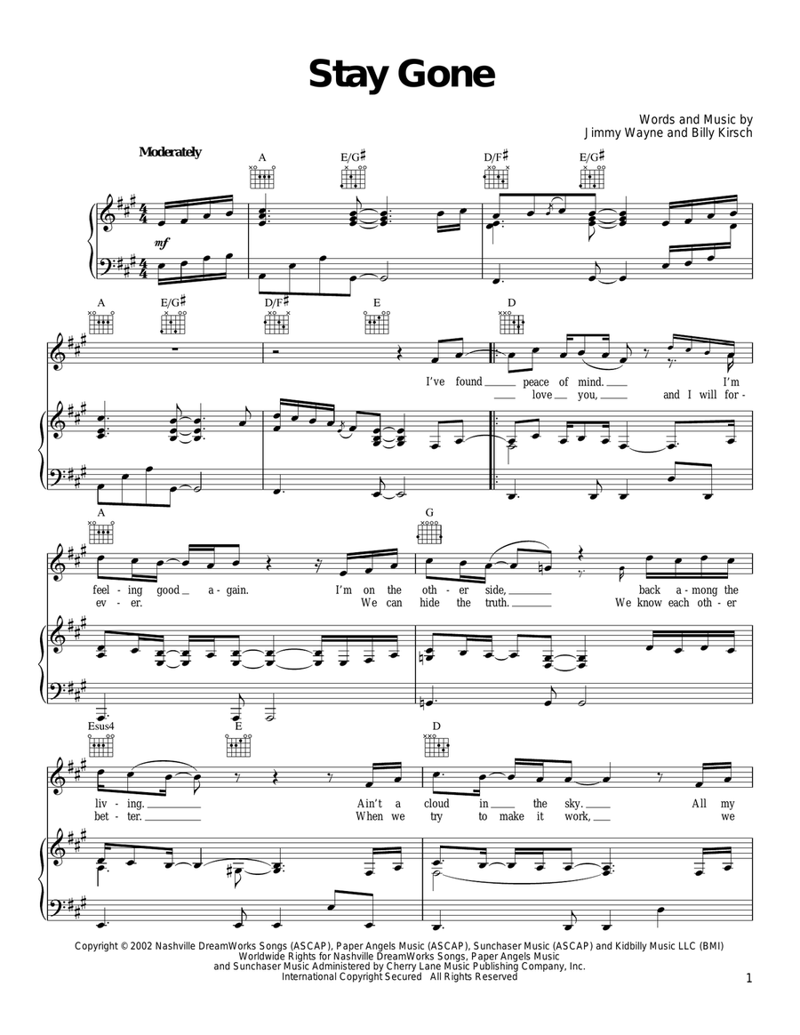 Stay Gone Piano, Vocal, Guitar scores gallery preview page 1