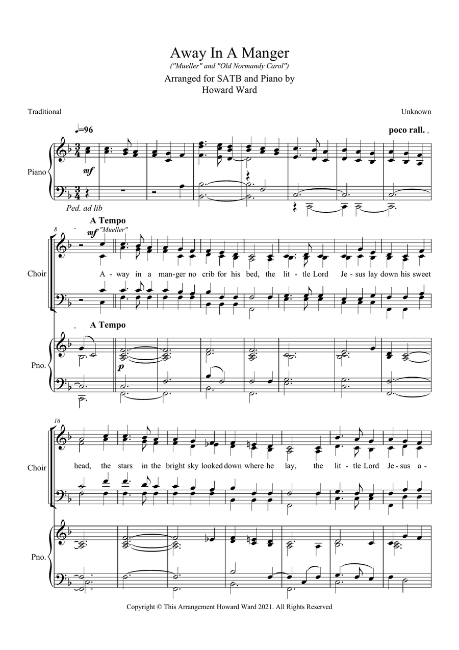 Away In A Manger ('Mueller' and 'Old Normandy Carol') 4-Part scores gallery preview page 1