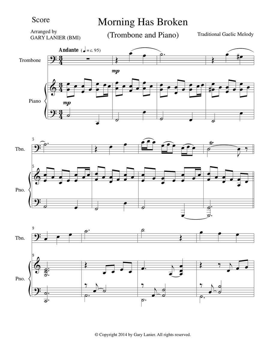 MORNING HAS BROKEN (Trombone/Piano and Trombone Part) Piano scores gallery preview page 1