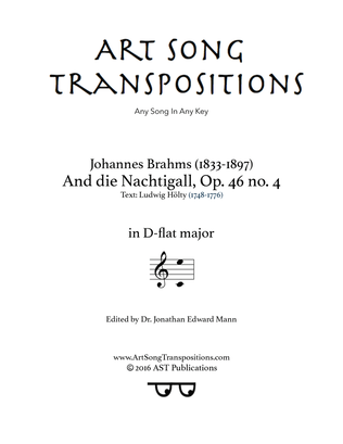 Book cover for BRAHMS: An die Nachtigall, Op. 46 no. 4 (transposed to D-flat major)