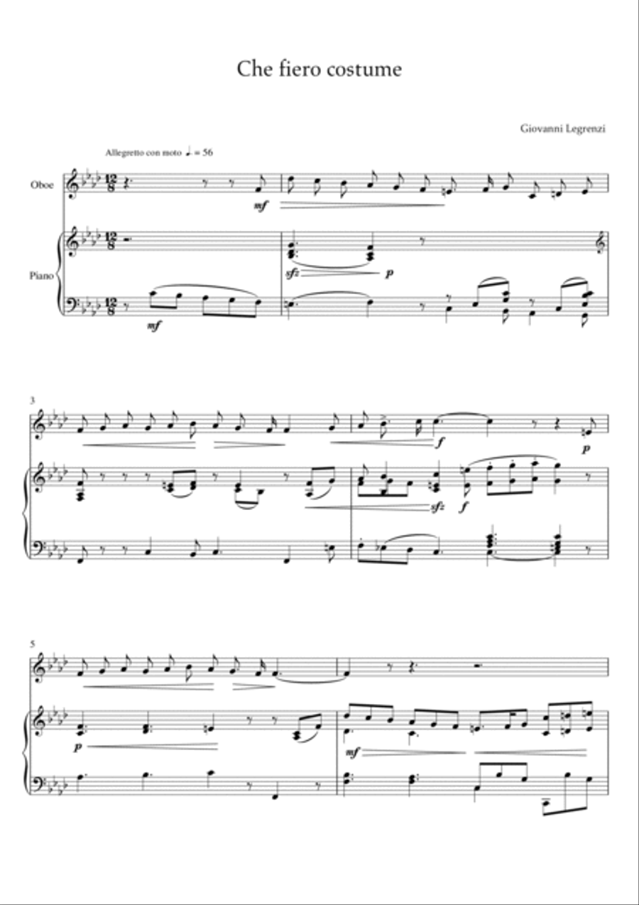 Legrenzi - Che fiero costume (Piano and Oboe) Small Ensemble scores gallery preview page 2