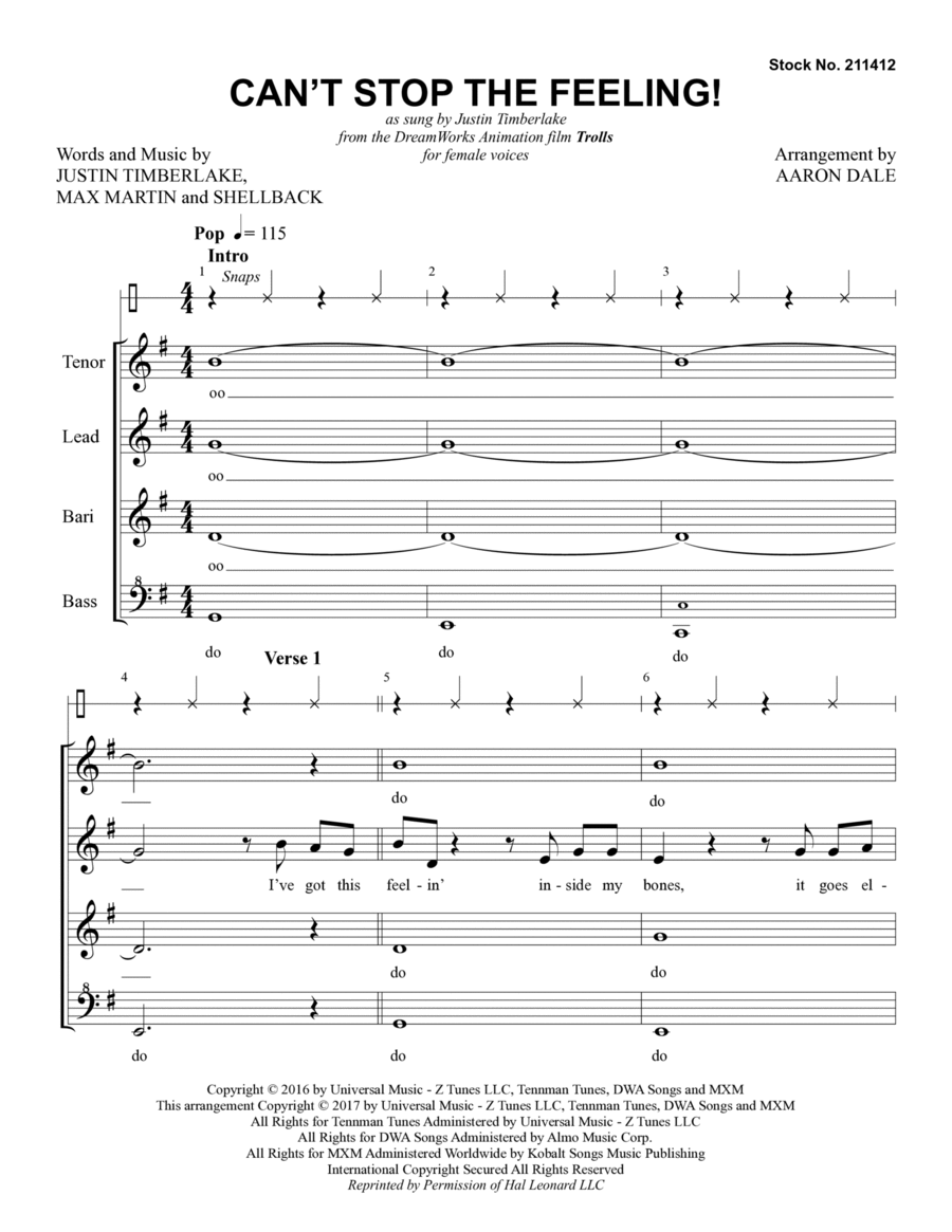 Can't Stop the Feeling! (arr. Aaron Dale) SSAA scores gallery preview page 1