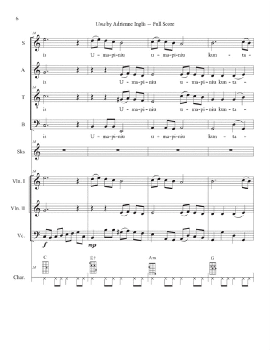 Uma for SATB and string quartet, with optional charango and sikus 4-Part scores gallery preview page 6