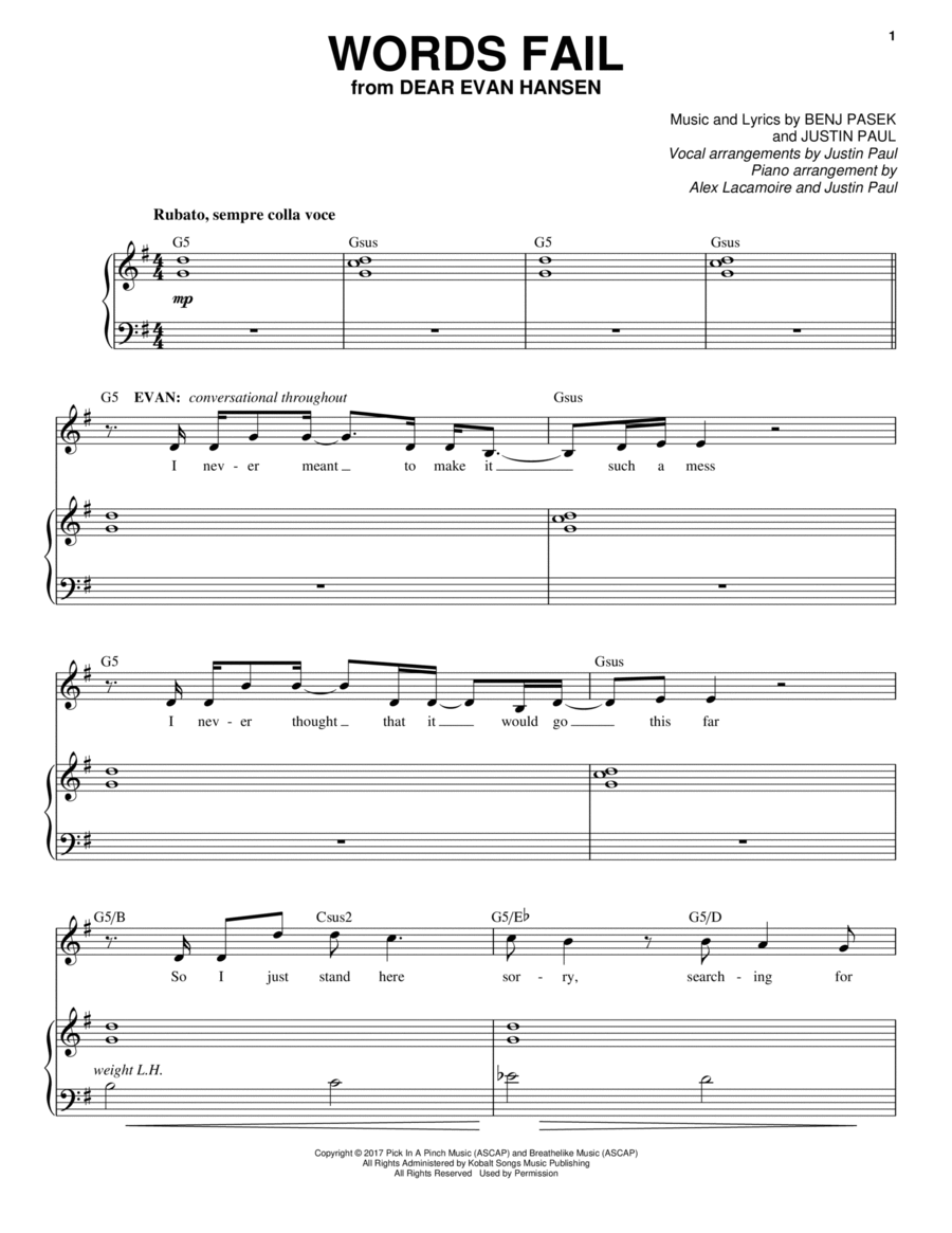 Words Fail (from Dear Evan Hansen) Voice scores gallery preview page 1