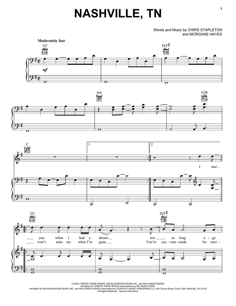 Nashville, TN Piano, Vocal, Guitar scores gallery preview page 1
