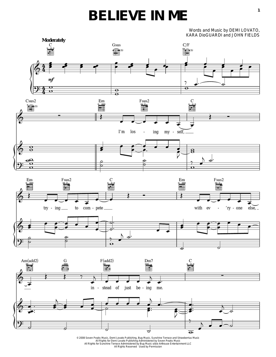 Believe In Me Piano, Vocal, Guitar scores gallery preview page 1