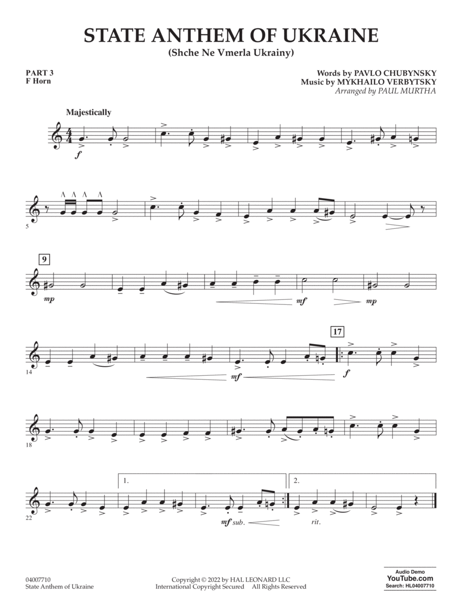 State Anthem of Ukraine (Shche Ne Vmerla Ukrainy) (arr. Murtha) - Pt.3 - F Horn
