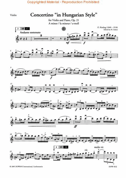 Rieding: Concertino in Hungarian Style for Violin and Piano in A Minor, Op. 21