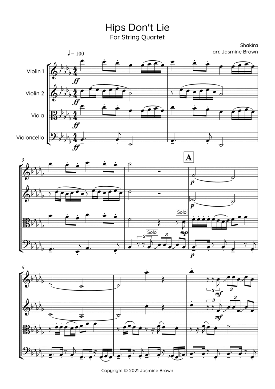Hips Don't Lie String Quartet scores gallery preview page 1