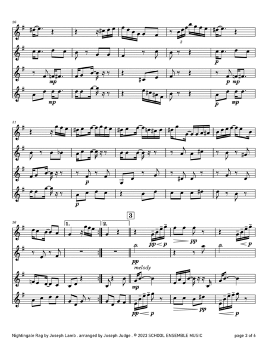 Nightingale Rag by Joseph Lamb for Clarinet Quartet in Schools Clarinet Quartet scores gallery preview page 3