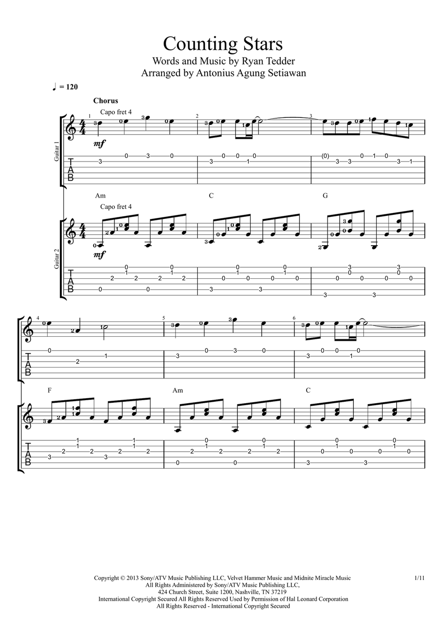 Counting Stars Guitar Ensemble scores gallery preview page 1