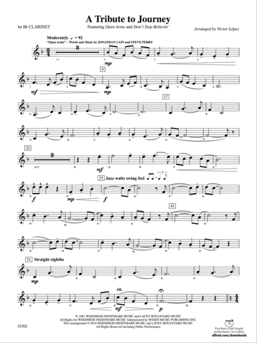 A Tribute to Journey: 1st B-flat Clarinet Concert Band scores gallery preview page 1