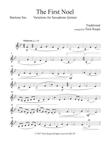 The First Noel - Variations for Sax Quintet (SAATB) Baritone Sax part