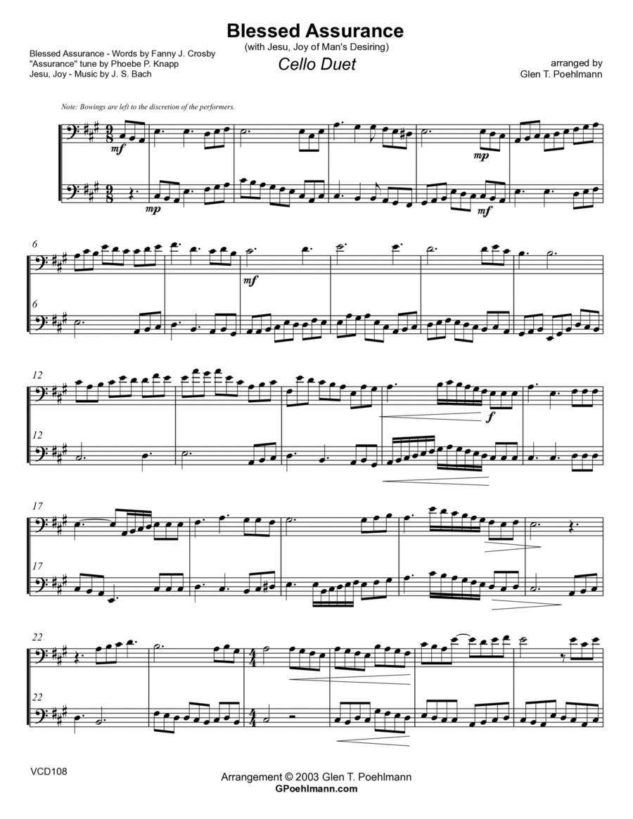 BLESSED ASSURANCE/JESU JOY - Cello Duet (unaccompanied) String Duet scores gallery preview page 1