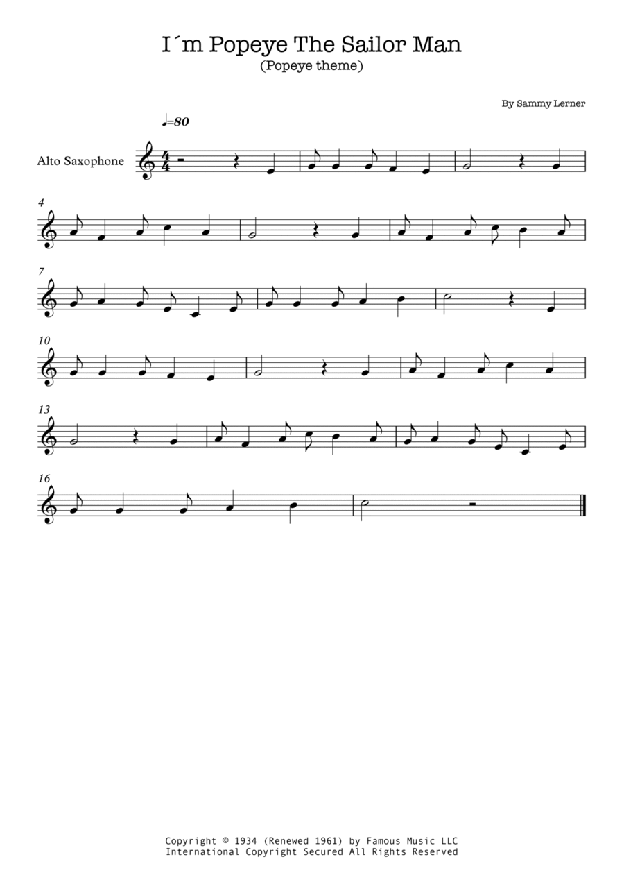 I'm Popeye The Sailor Man Alto Saxophone scores gallery preview page 1