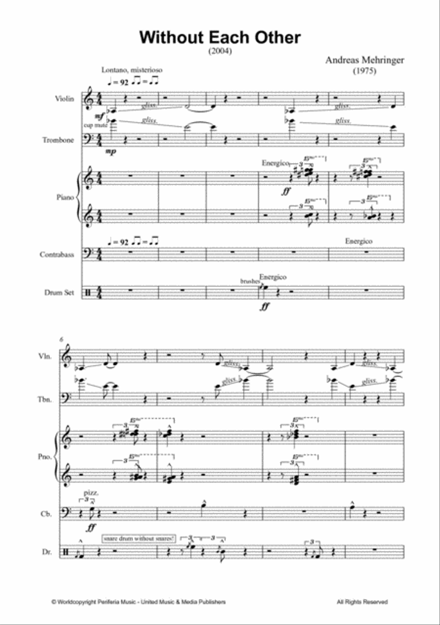 Without Each Other for Violin, Trombone, Piano, Contrabass and Drums Double Bass scores gallery preview page 2