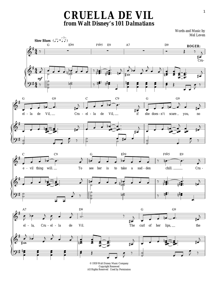 Cruella De Vil (from 101 Dalmations) Piano, Vocal scores gallery preview page 1