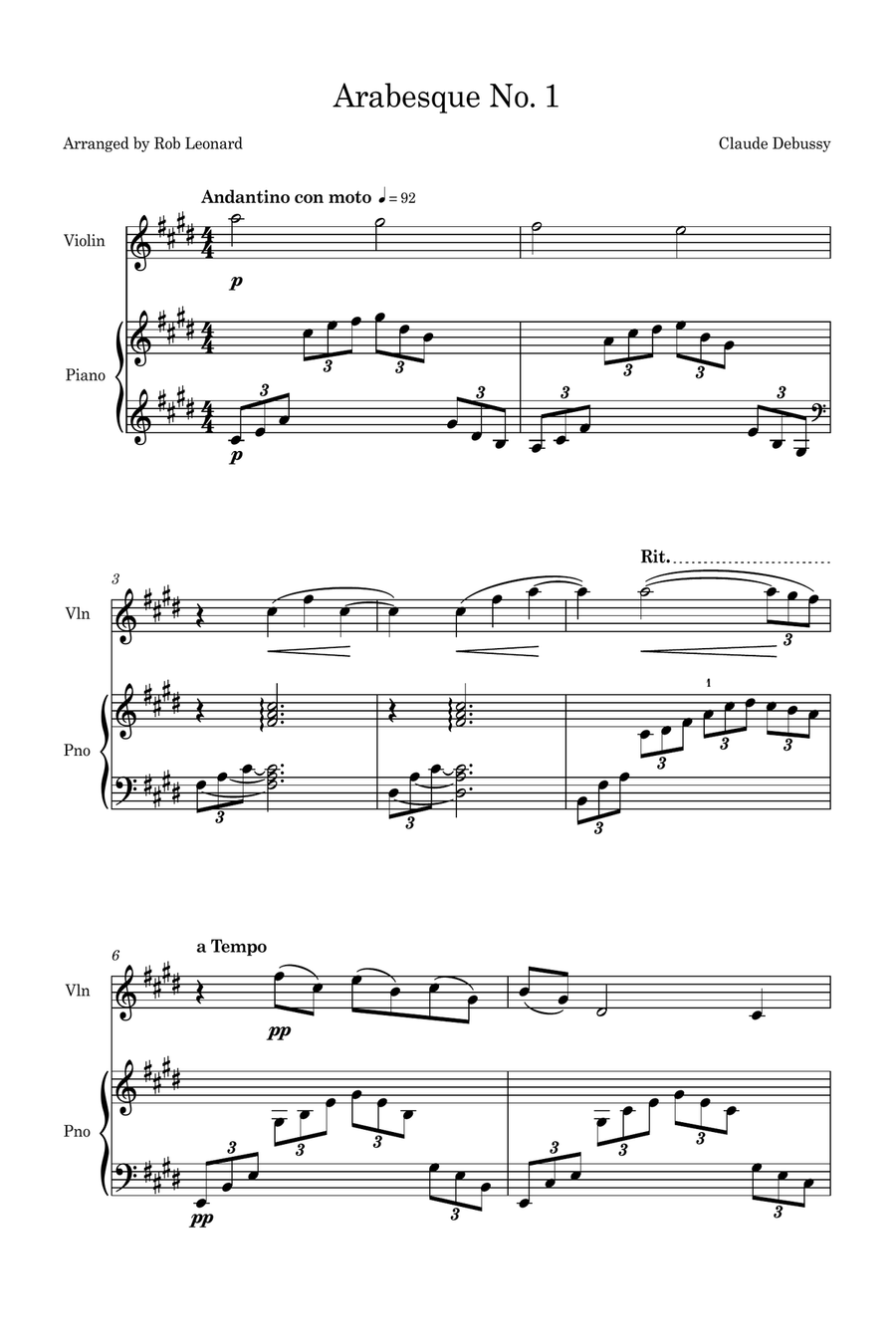Arabesque No.1 (Simplified for Violin and Piano) Violin Solo scores gallery preview page 1