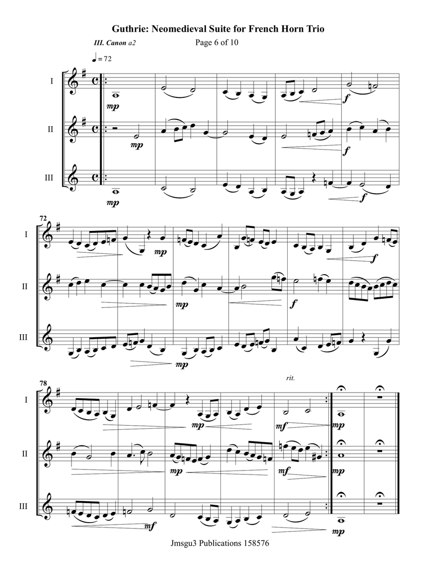 Guthrie: Neomedieval Suite for French Horn Trio Brass Trio scores gallery preview page 6