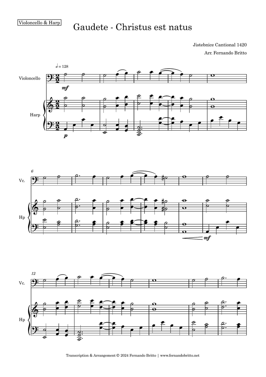 Gaudete Christus est Natus (Christmas Song) for Cello & Harp Duo String Duet - Digital Sheet Music