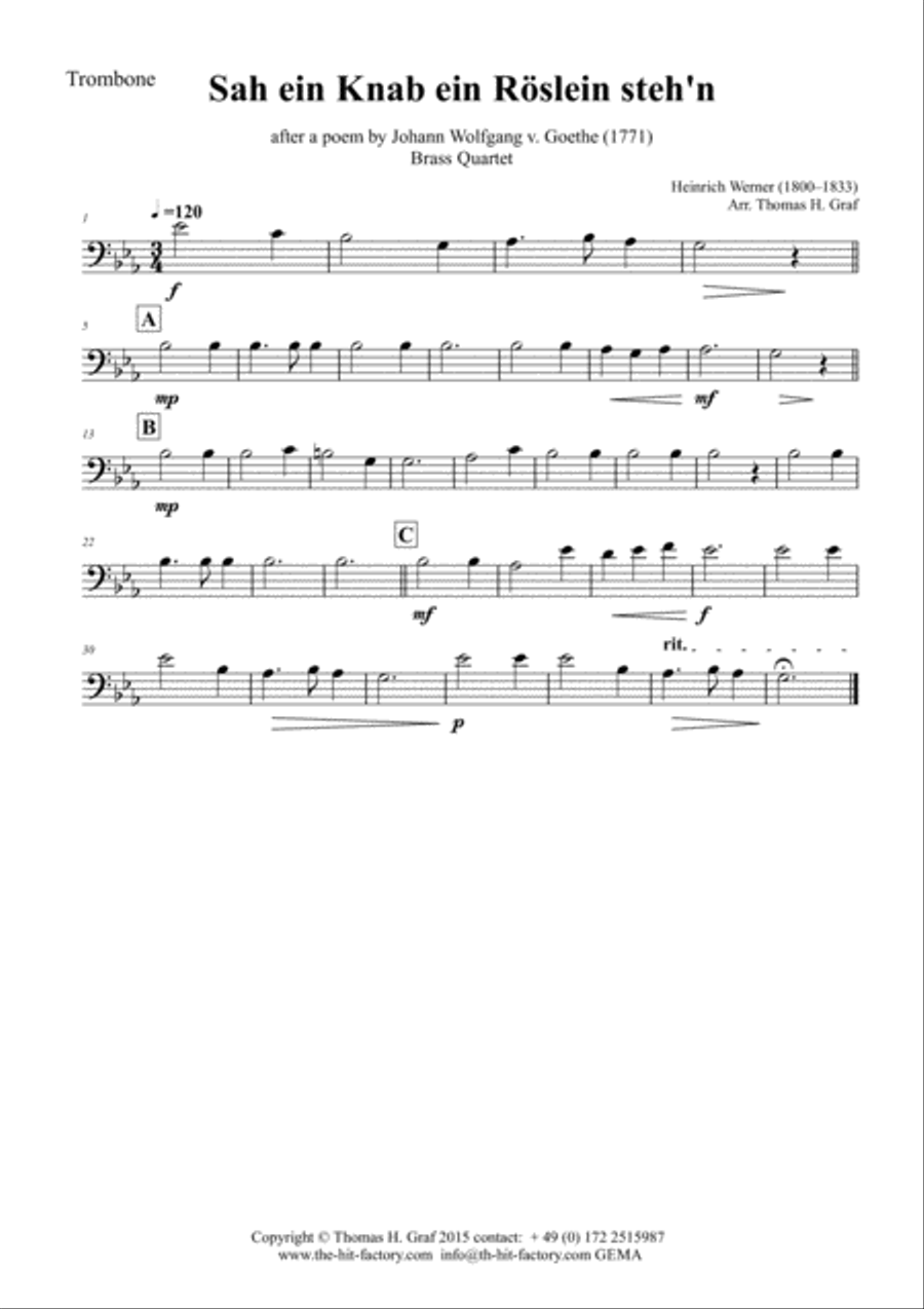 Sah ein Knab ein Roeslein stehn - German Folk Song - Brass Quartet Brass Quartet scores gallery preview page 4