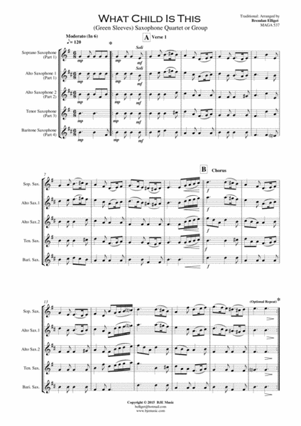 What Child Is This (Green Sleeves) - Saxophone Quartet or Group Score and Parts PDF image number null
