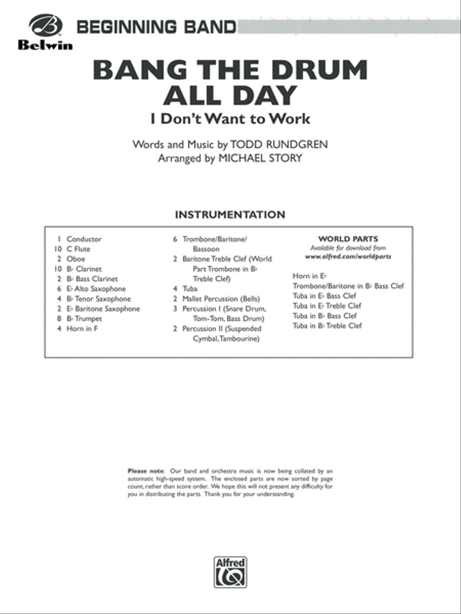 Bang the Drum All Day (I Don't Want to Work): Score Concert Band scores gallery preview page 1