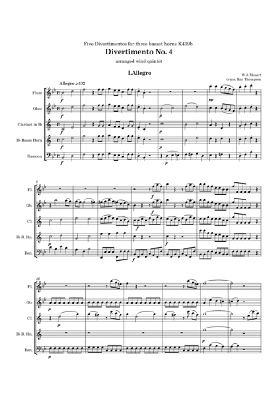 Mozart: Divertimento No.4 from “Five Divertimenti for 3 basset horns” K439b - wind quintet Woodwind Quintet scores gallery preview page 2