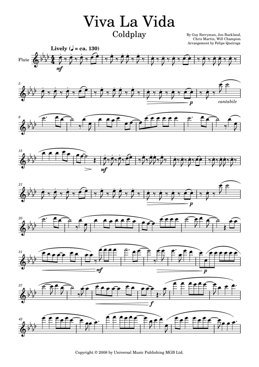Viva La Vida Viva La Vida Flute Solo scores gallery preview page 1