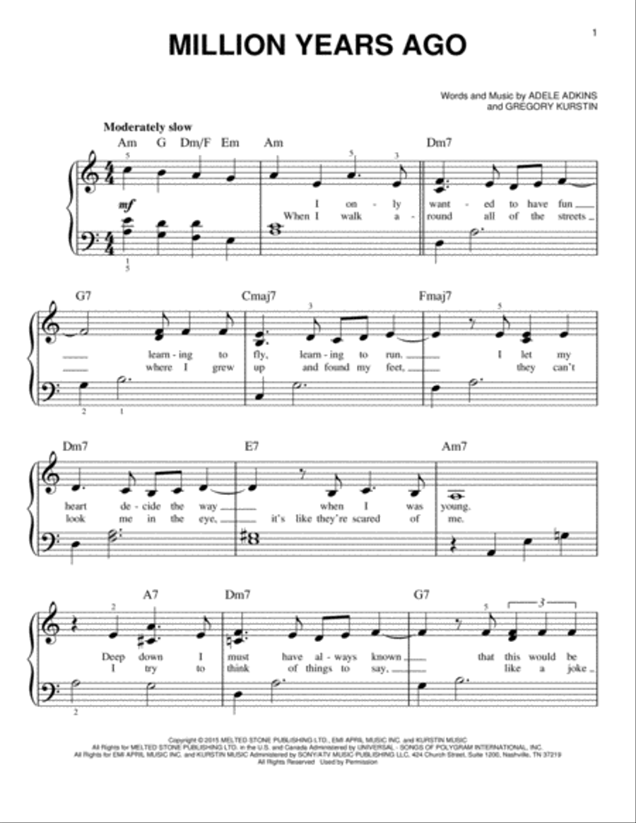 Million Years Ago Easy Piano scores gallery preview page 1
