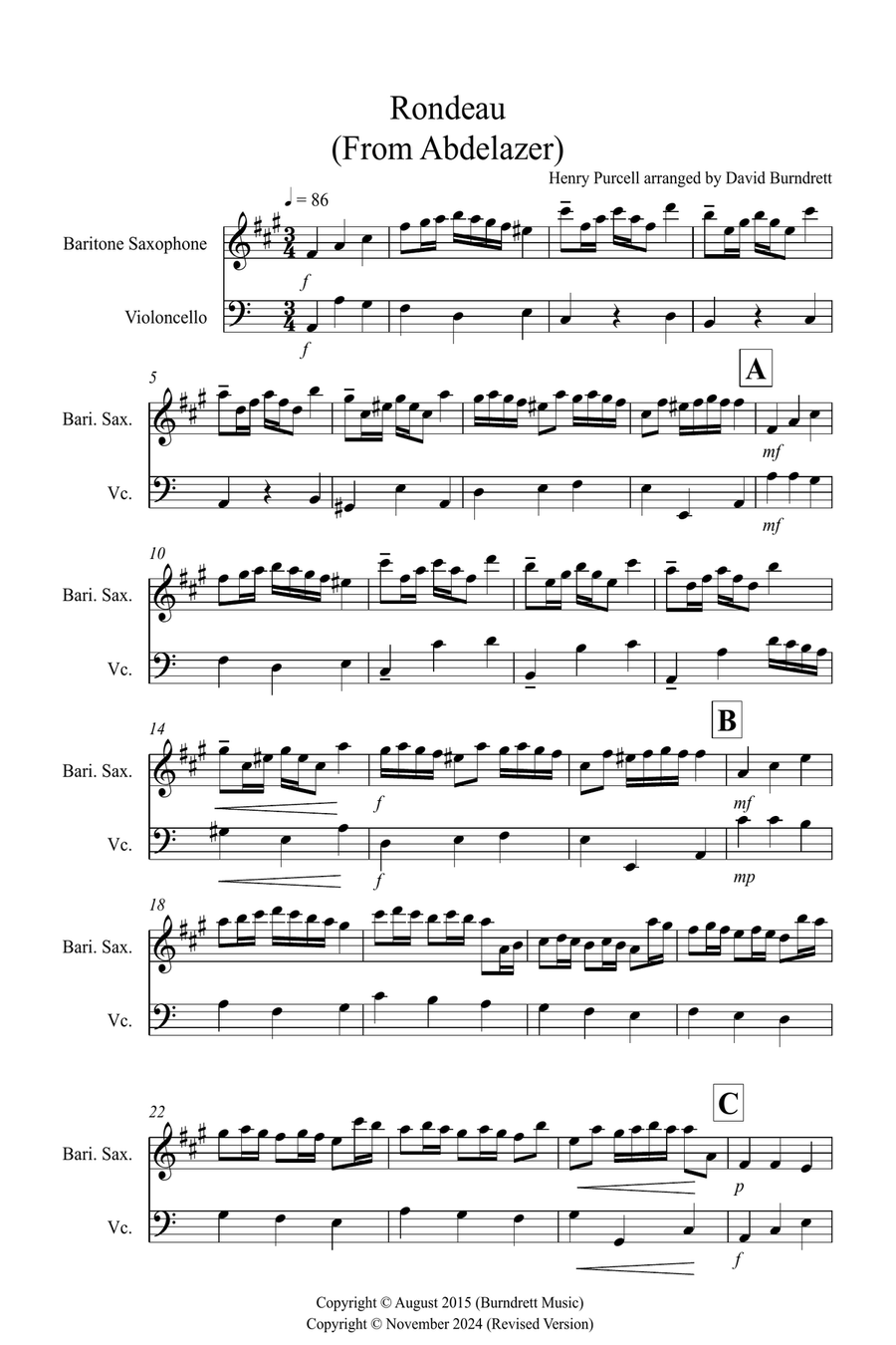 Rondeau (from Abdelazer) for Baritone Saxophone and Cello Duet Baritone Saxophone scores gallery preview page 1