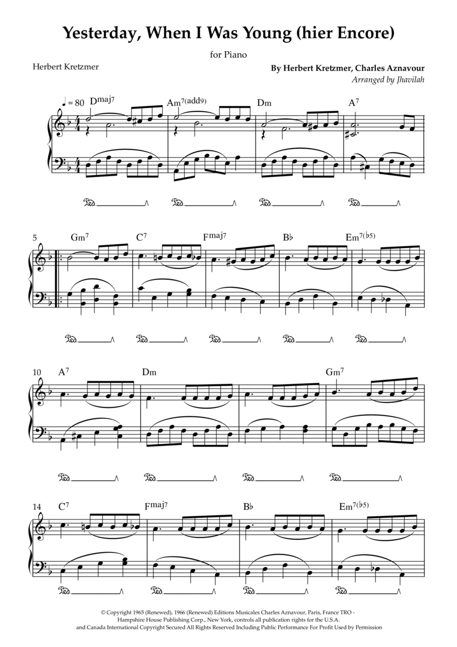 Yesterday, When I Was Young (hier Encore) Easy Piano scores gallery preview page 1