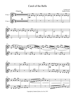 Carol of the Bells (treble F instrument duet, parts only)