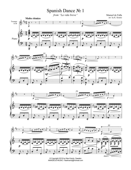 Spanish Dance No. 1, Danza from La vida breve for trumpet in Bb and piano image number null