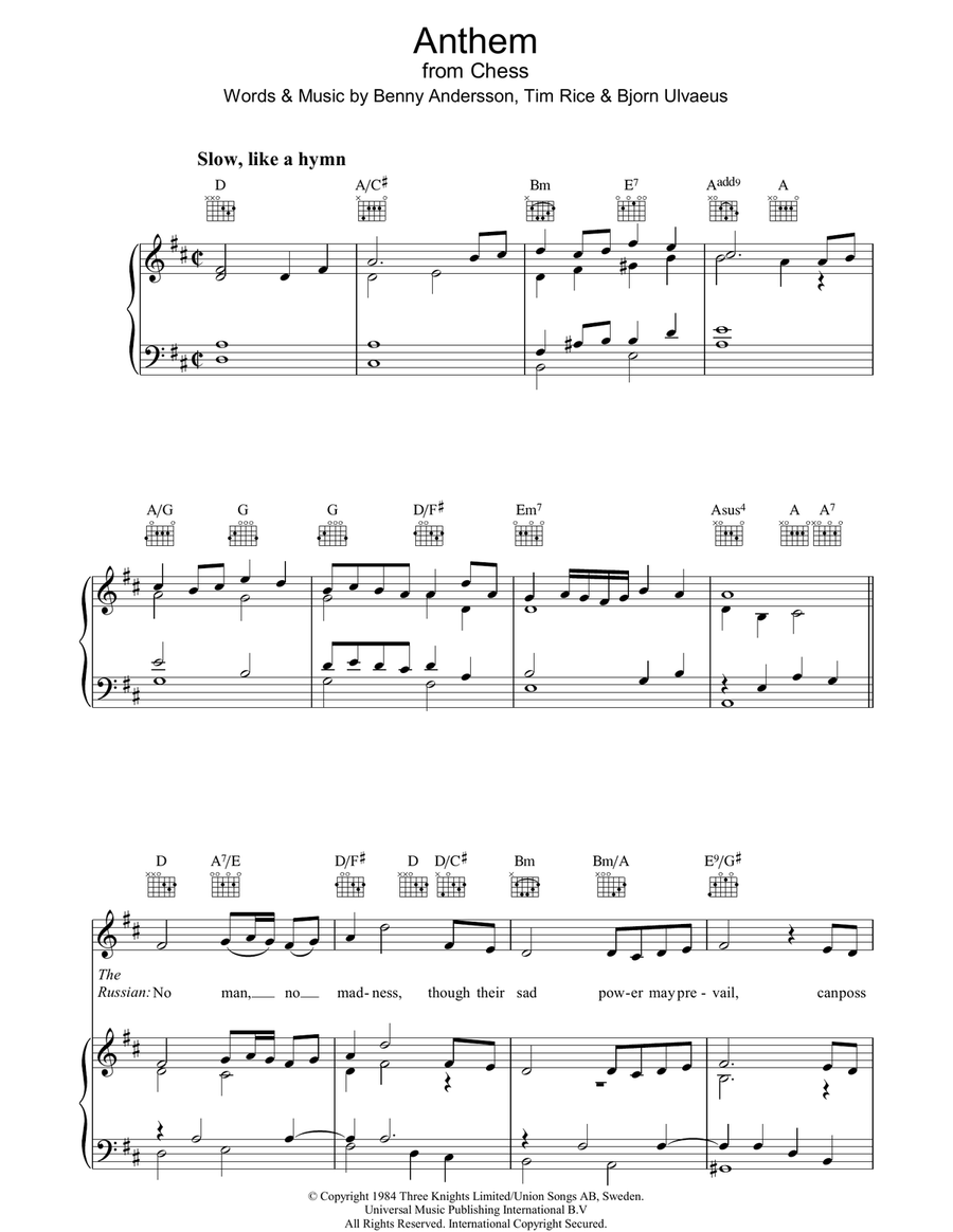 Anthem (from Chess) Piano, Vocal, Guitar scores gallery preview page 1
