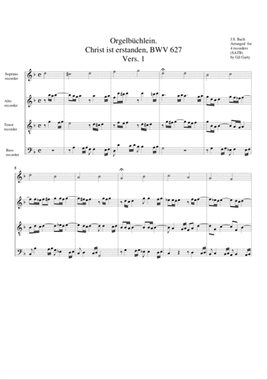 Christ ist erstanden, BWV 627 from Orgelbuechlein (arrangement for 4 recorders) Recorder scores gallery preview page 1