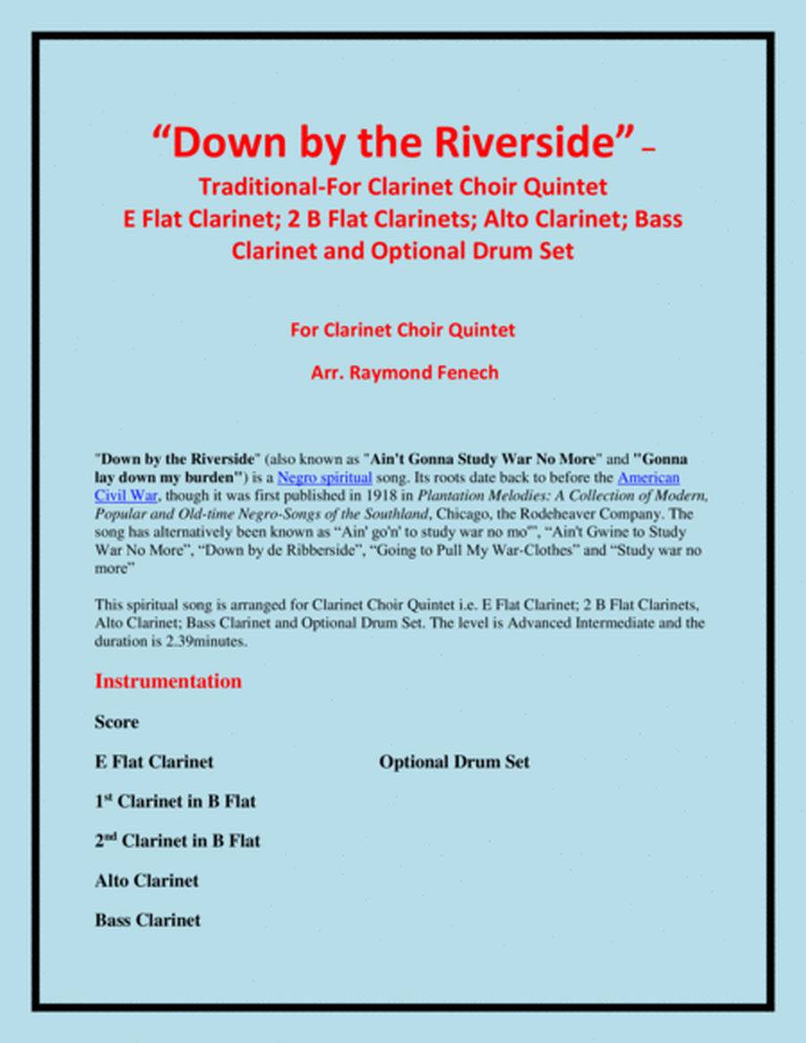 Down by the Riverside - Woodwind Quintet - Clarinet Choir Quintet - E Flat Clarinet; 2 B Flat Clarin image number null