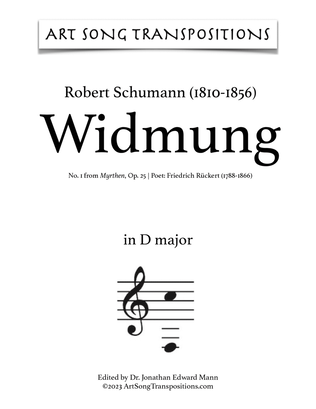 Book cover for SCHUMANN: Widmung, Op. 25 no. 1 (transposed to D major)