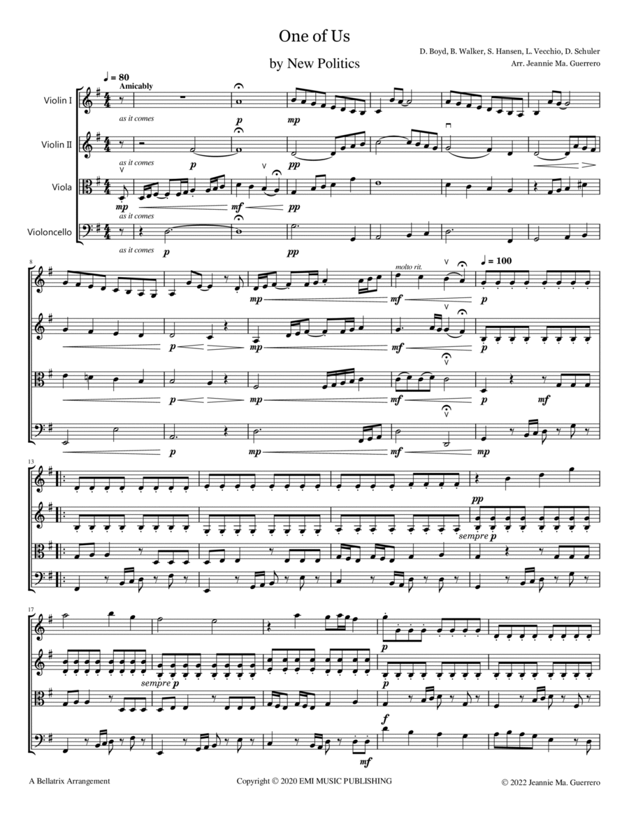 One Of Us One Of Us String Quartet scores gallery preview page 1