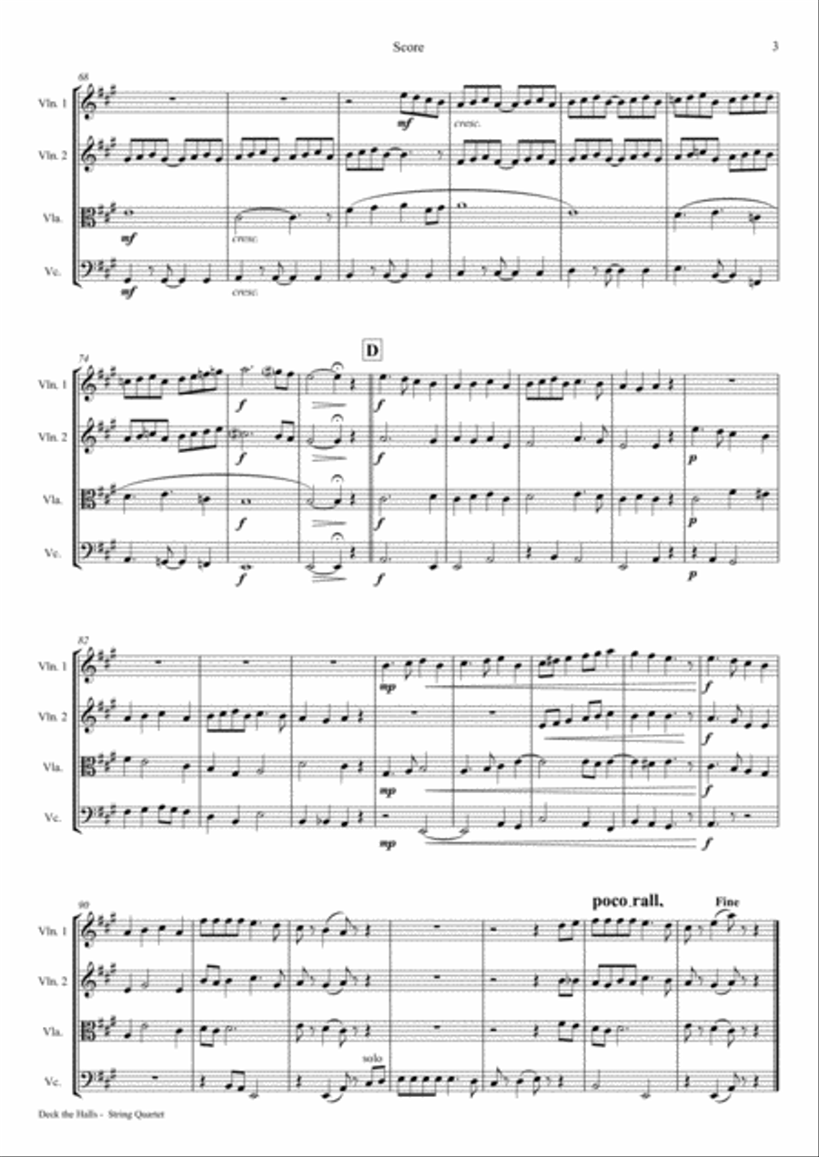 Deck the halls - Christmas Carol - Polyphonic - String Quartet String Quartet scores gallery preview page 3