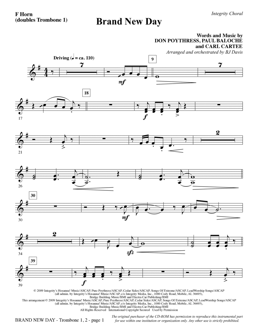 Brand New Day - F Horn (Trombone 1 Sub) Choir scores gallery preview page 1