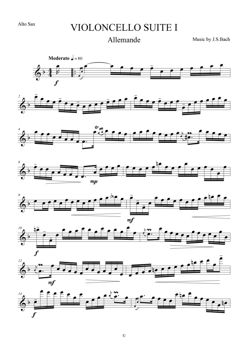 Allemande from Violoncello Suite I by J.S.Bach for Alto Saxophone image number null