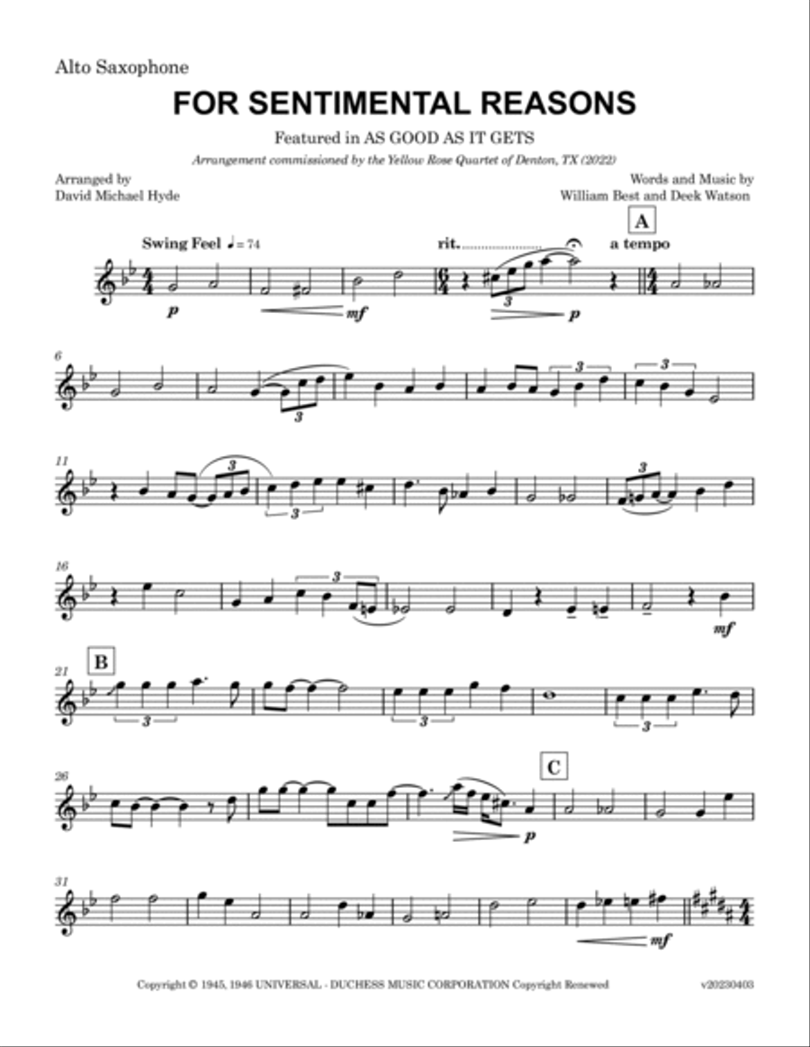 (i Love You) For Sentimental Reasons Saxophone Quartet scores gallery preview page 3