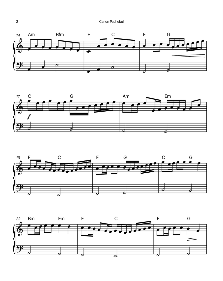 Canon by Pachelbel - Easy/Intermediate Piano Solo in C with Chord Notation Easy Piano scores gallery preview page 2