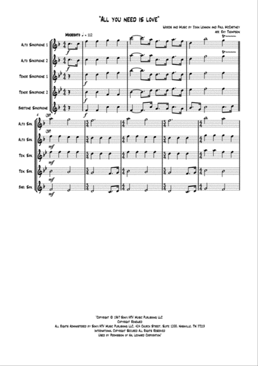 All You Need Is Love Saxophone Quintet scores gallery preview page 1