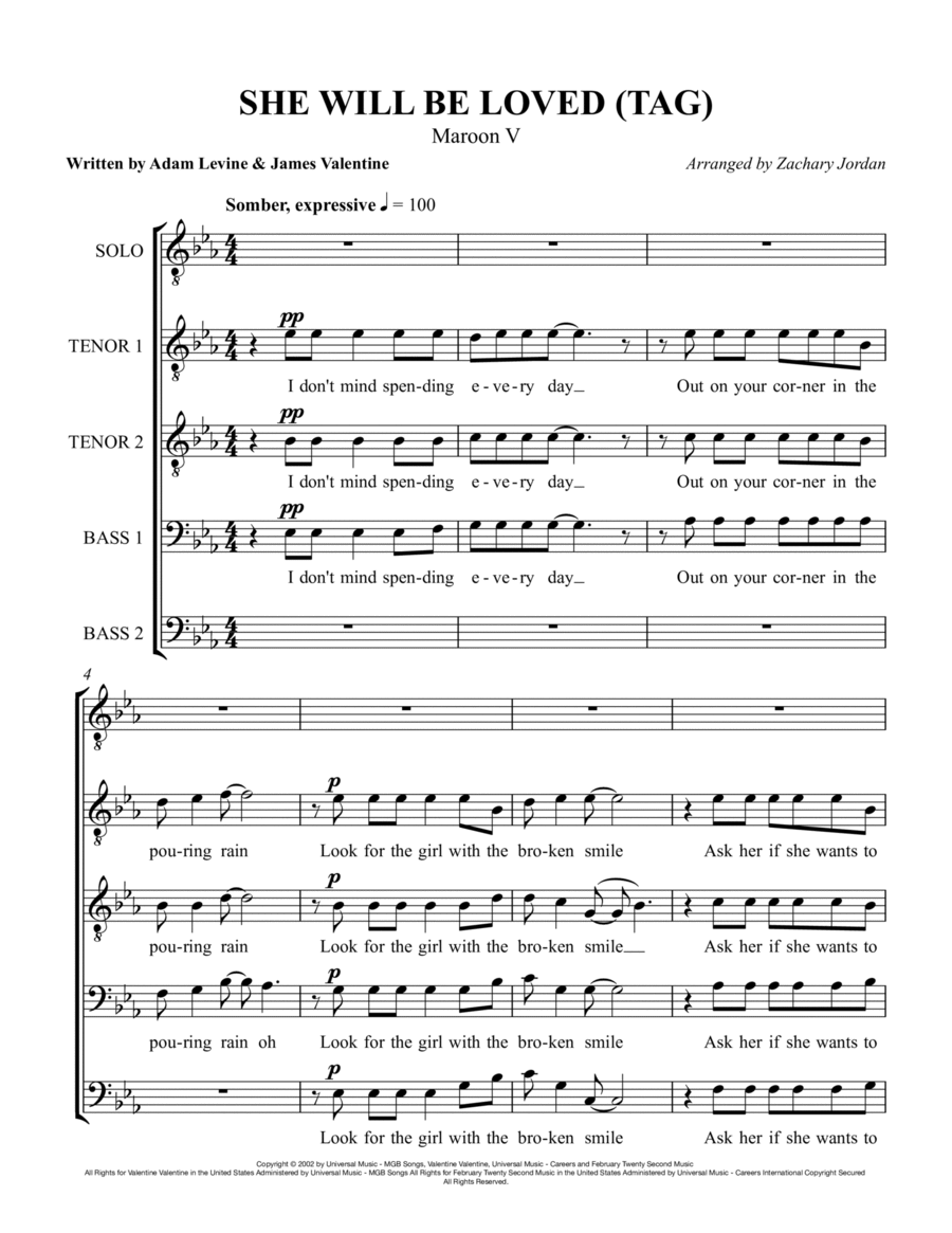 She Will Be Loved She Will Be Loved TTBB scores gallery preview page 1