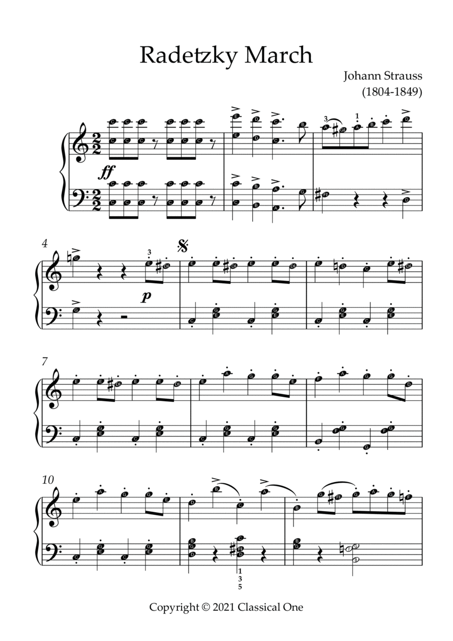 Strauss - Radetzky March(With Note name) Easy Piano scores gallery preview page 1