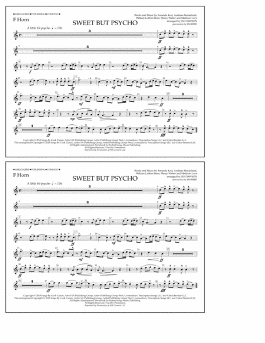 Sweet But Psycho (arr. Jay Dawson) - F Horn Marching Band scores gallery preview page 1