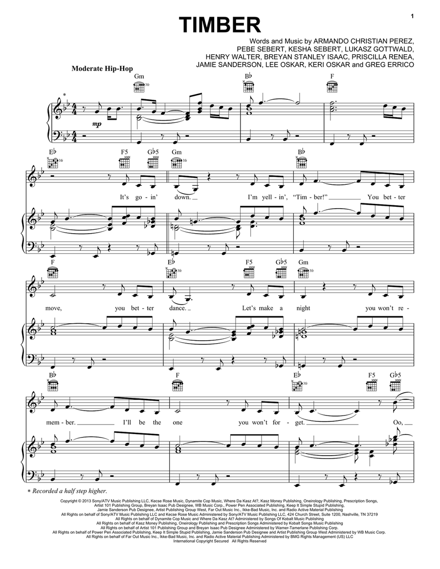 Timber Piano, Vocal, Guitar scores gallery preview page 1